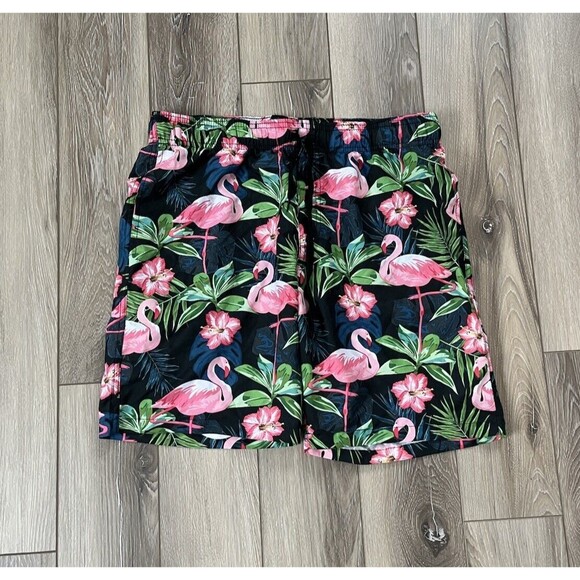 Carbon Men’s M Flamingo Swim Trunks Black W/Pink Birds Green Palms Pocket - Picture 1 of 8